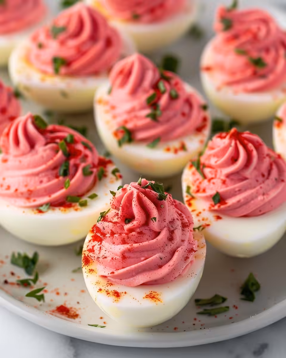 Perfectly pink deviled eggs ready to eat, fresh from the pressure cooker