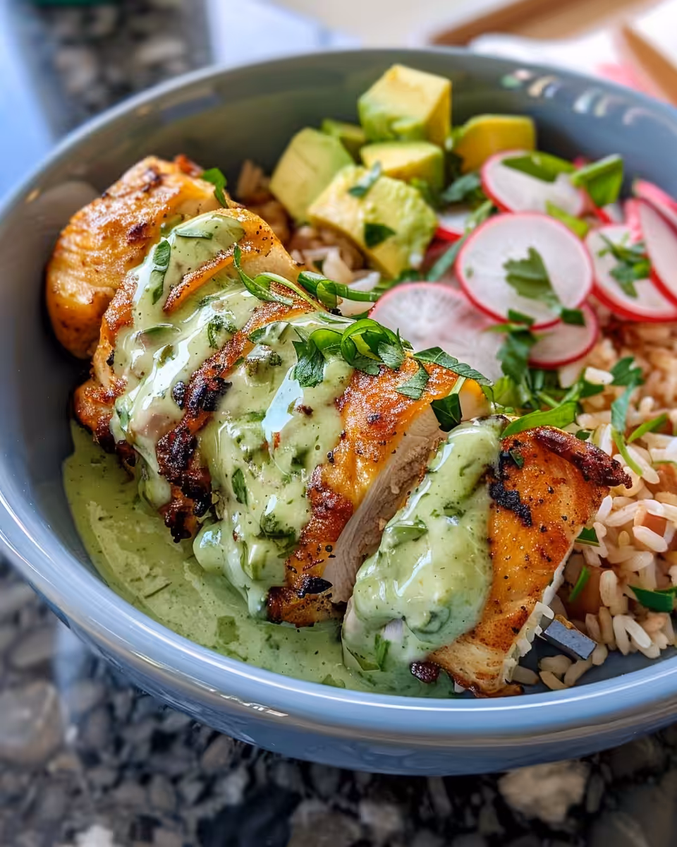 Pressure cooker chicken with creamy green sauce plated and ready to serve