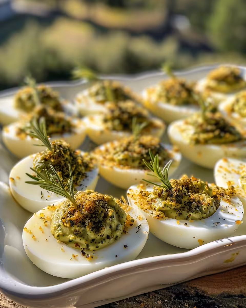 Pressure cooked Parmesan Pesto Deviled Eggs fresh and ready to serve