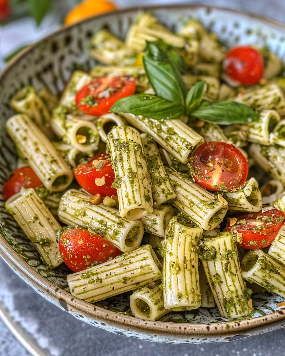 Fresh ingredients for pesto pasta salad including basil, garlic, and lemon juice