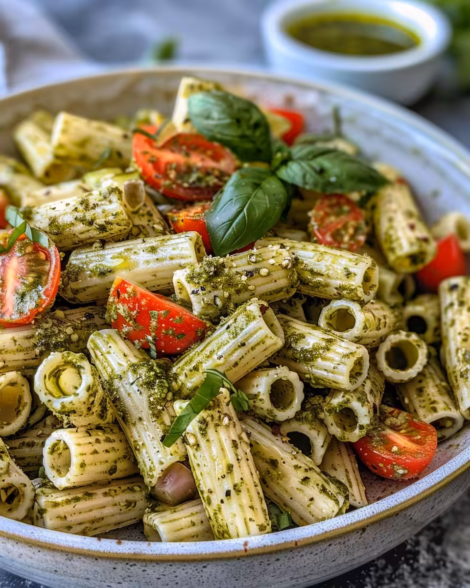 Final plated pesto pasta salad with fresh greens and creamy cheese topping