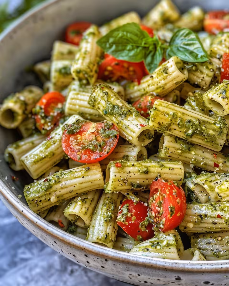 Fresh pressure cooker pesto pasta salad with vibrant basil and cherry tomatoes