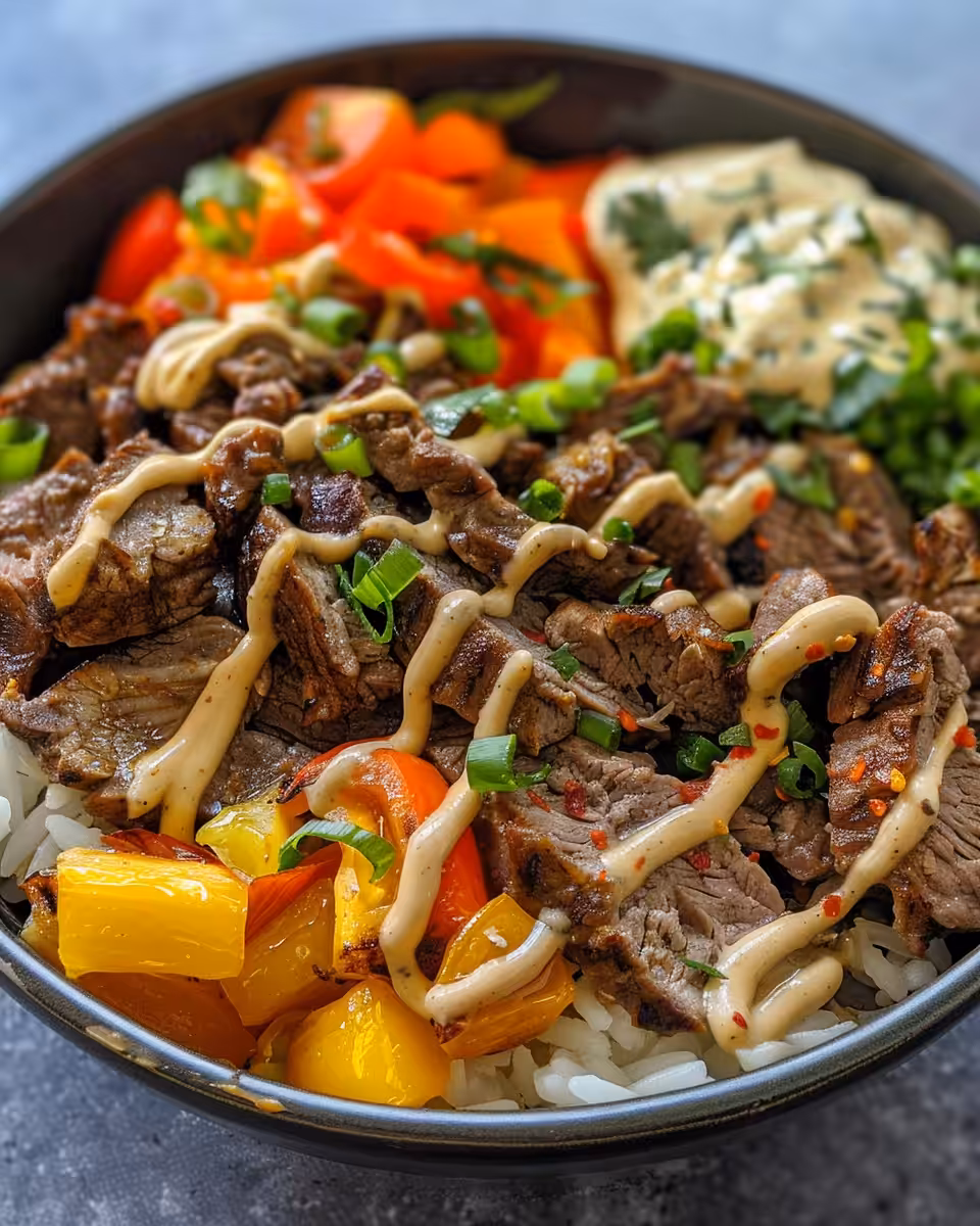 Ingredients for Philly Cheesesteak Bowls neatly arranged