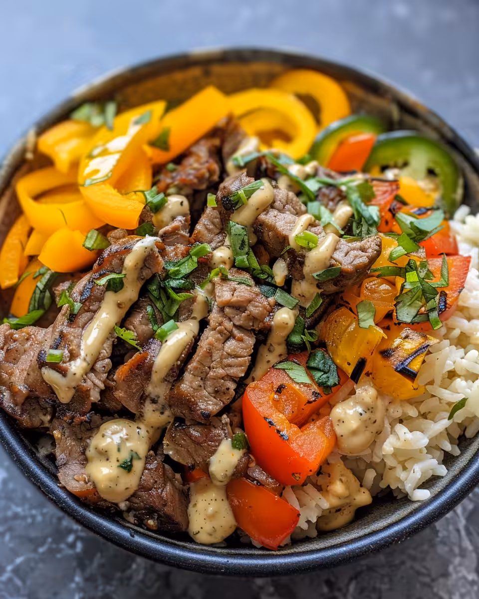 Close up of Philly Cheesesteak Bowls steaming fresh