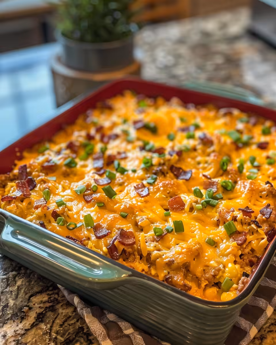 Served Pioneer Woman breakfast casserole topped with pico de gallo and crispy tortilla strips