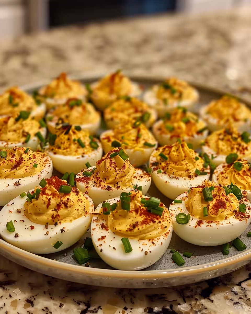 Ingredients for creamy deviled eggs including eggs, mayo, mustard, and spices