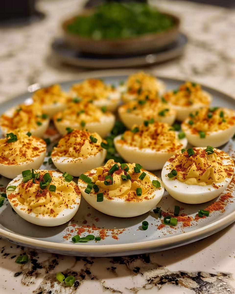 Plated deviled eggs garnished and ready to serve at a party