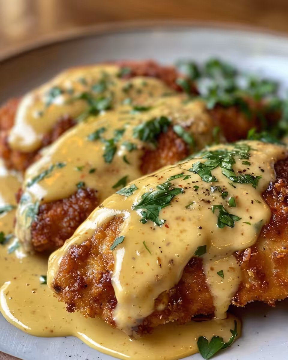 Pretzel crusted chicken with mustard cheddar sauce fresh from pressure cooker