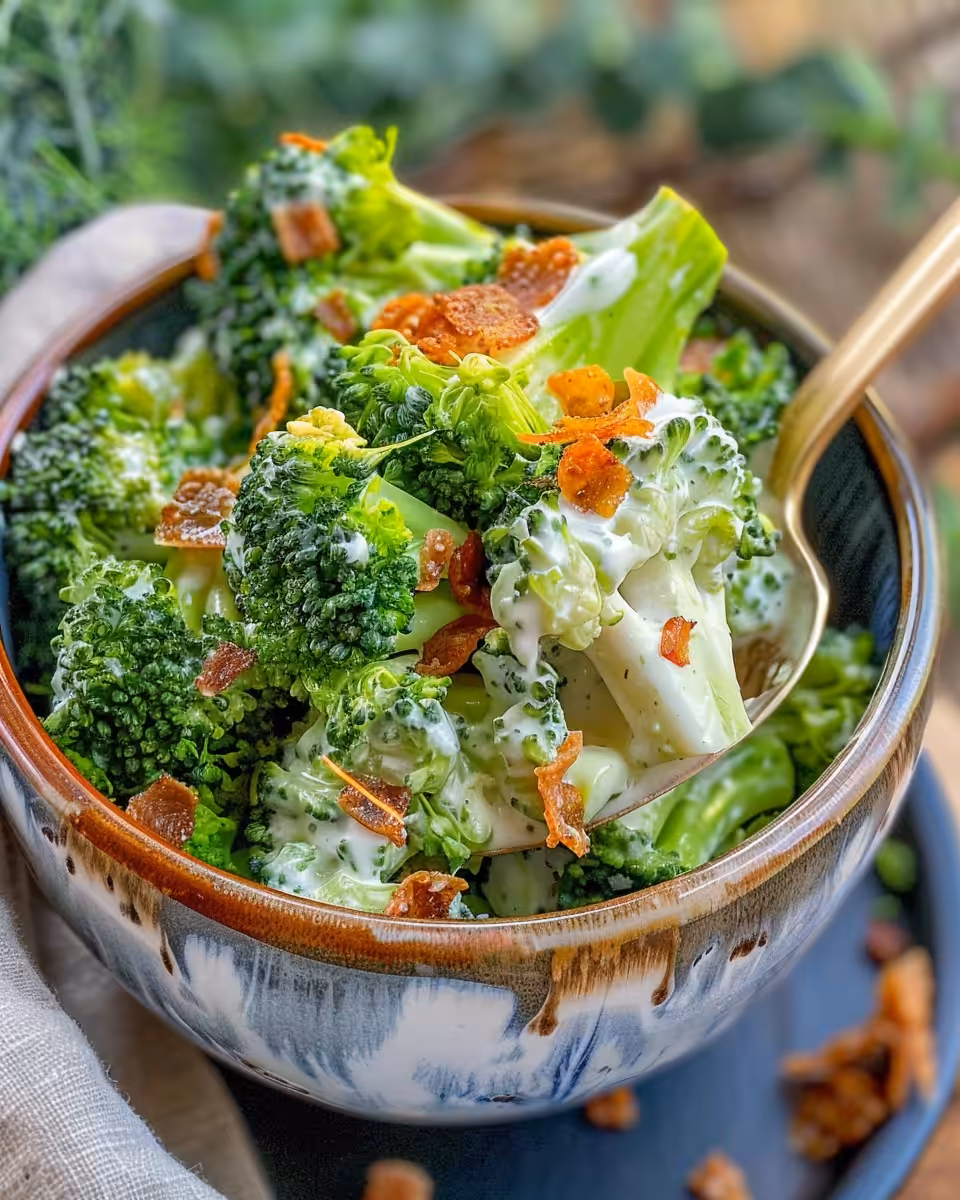 Serving of creamy broccoli slaw salad ready to eat