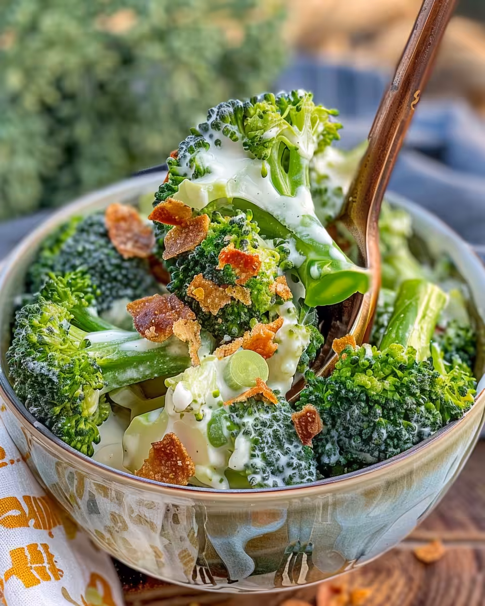 Freshly made creamy broccoli slaw salad in a bowl