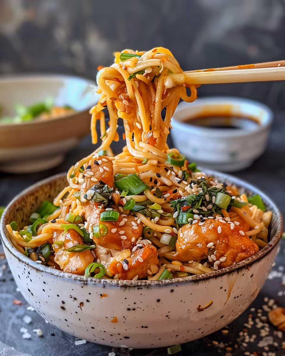 Ingredients for chicken teriyaki noodles laid out including chicken, veggies, and seasoning