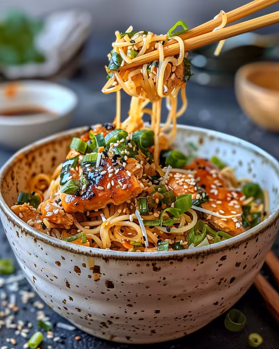 Final plated chicken teriyaki noodles with garnishes and vibrant colors