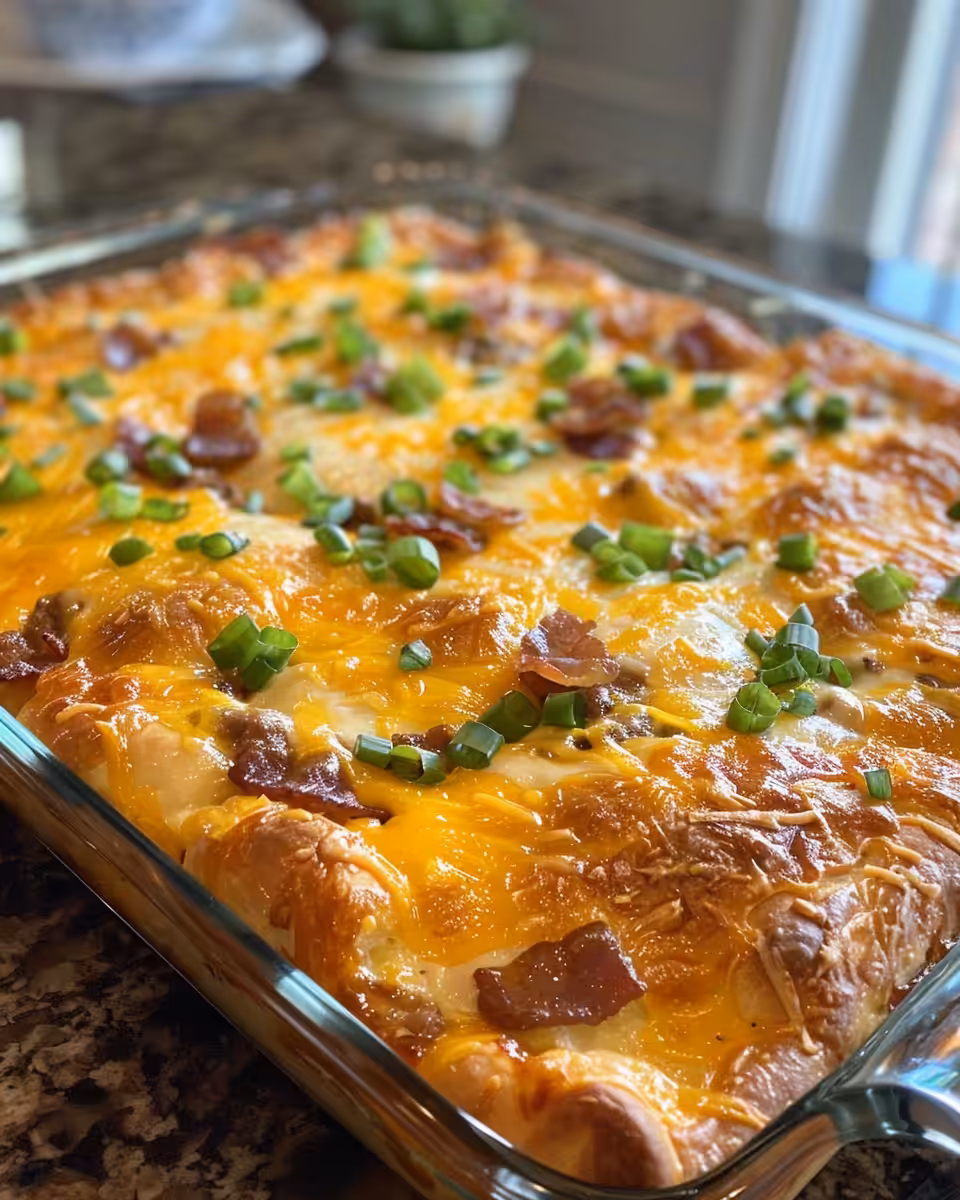 Close-up of golden baked crescent roll breakfast casserole