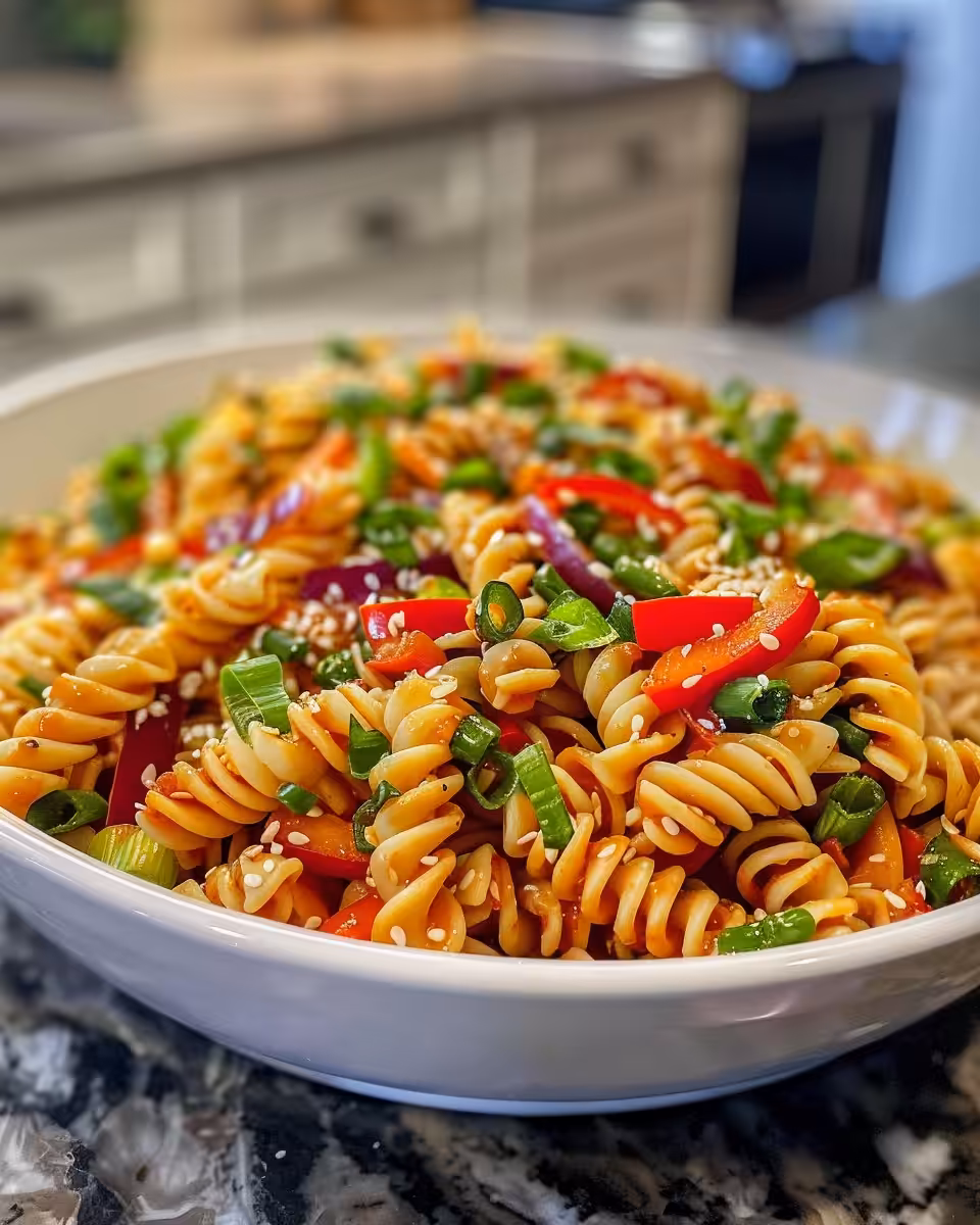 Thai peanut noodle salad with fresh veggies in bowl