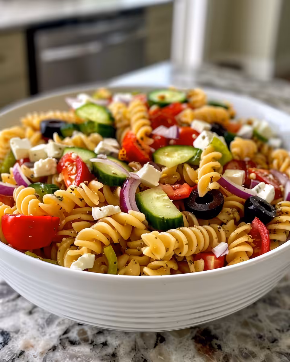 Pressure cooker with high protein Greek pasta salad ready