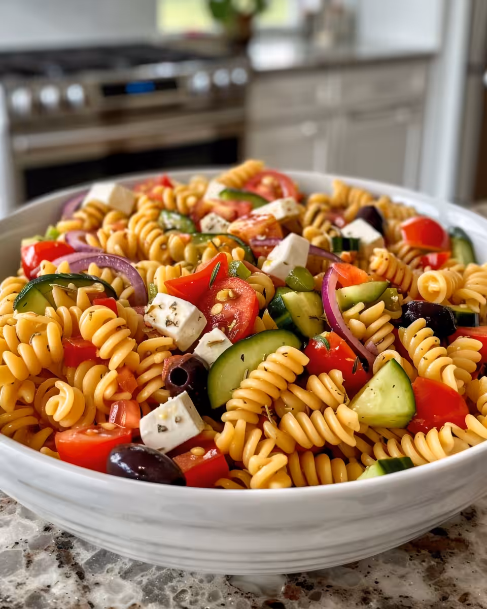 Fresh chopped ingredients for high protein Greek pasta salad