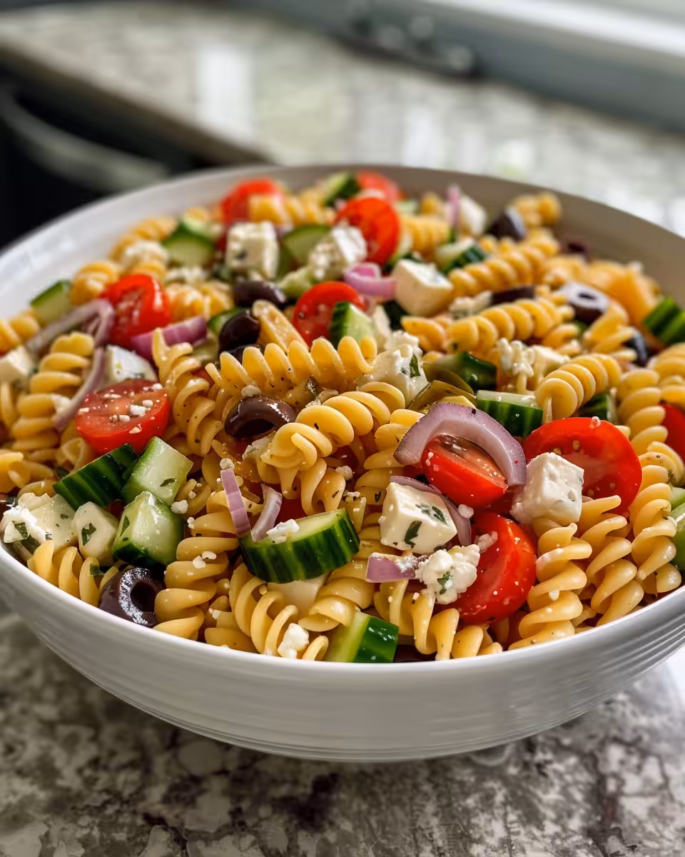Mixed Greek pasta salad with creamy feta cheese