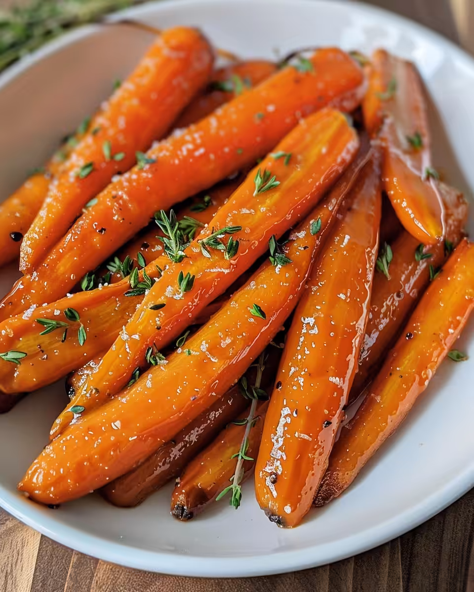 Close up of shiny honey whiskey glazed carrots plated