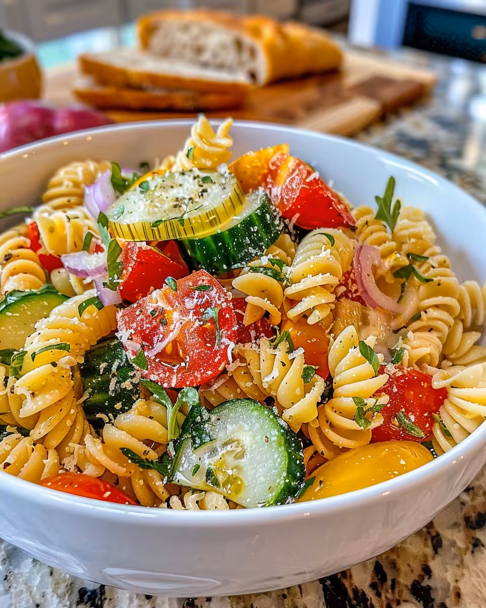 Ingredients for Italian pasta salad including mozzarella, tomatoes, and salami