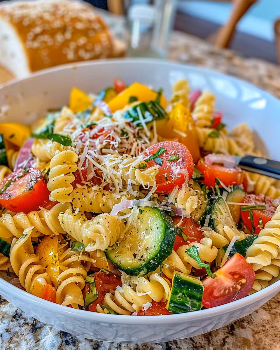 Plated Italian pasta salad with fresh basil and Italian dressing