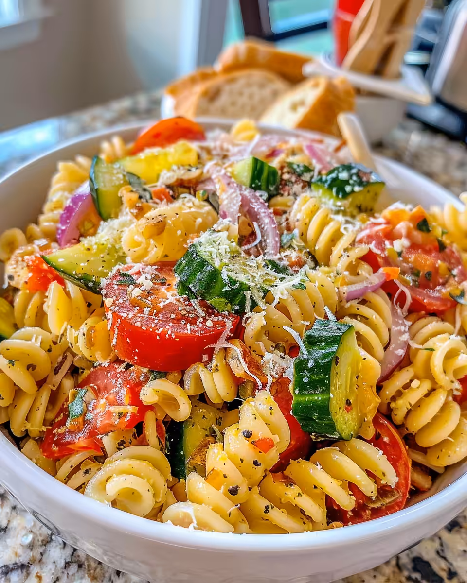Pressure cooker with Italian pasta salad ingredients mixed
