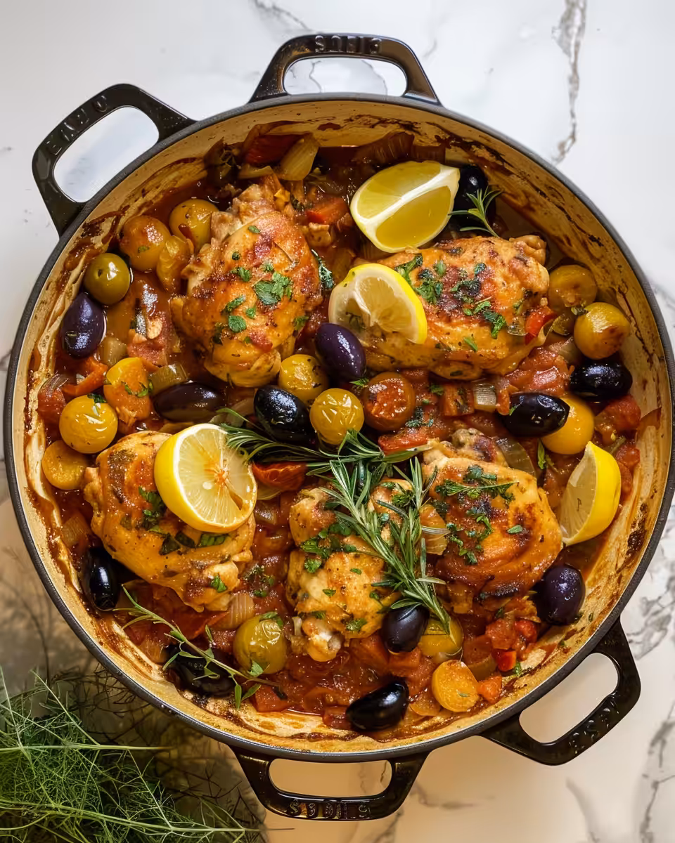 Ingredients laid out for Mediterranean chicken casserole including chicken, tomatoes, and herbs