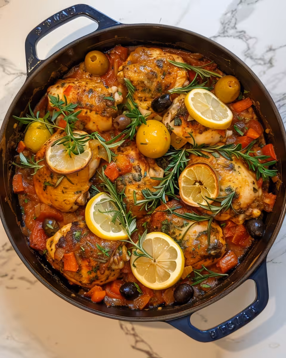 Final plated Mediterranean chicken casserole with melted cheese and fresh herbs