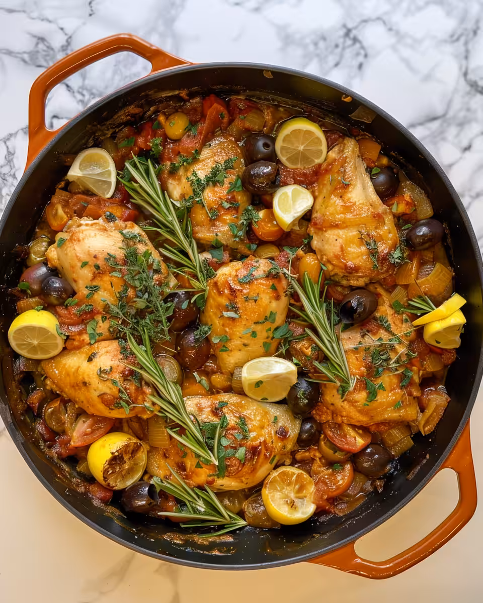 Steaming quick Mediterranean chicken casserole just cooked in pressure cooker with herbs
