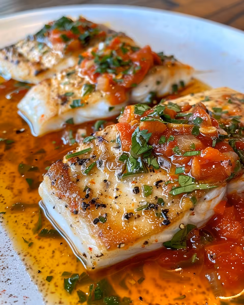 Final plated Mediterranean tilapia with roasted pepper sauce and fresh herbs