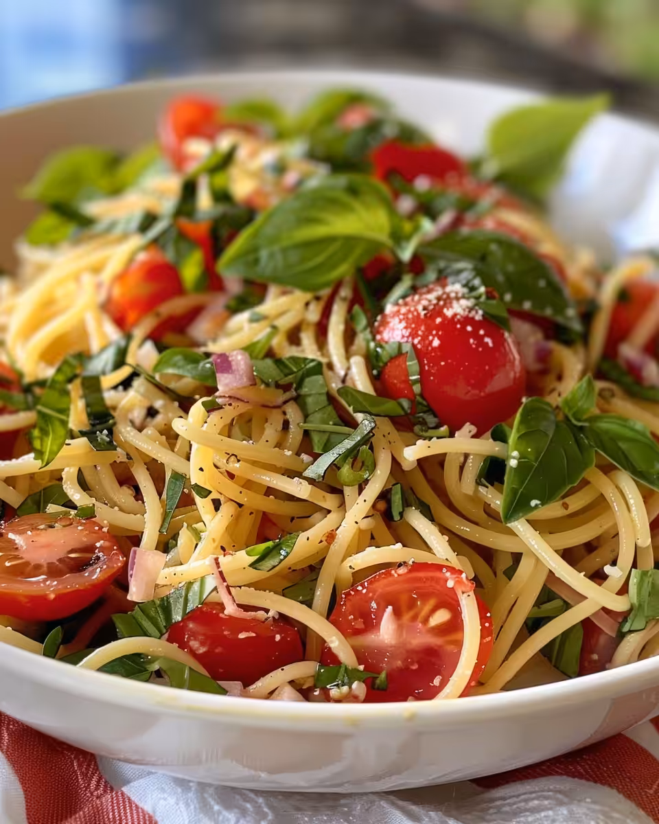 Finished pressure cooked spaghetti salad served in bowl with parmesan cheese