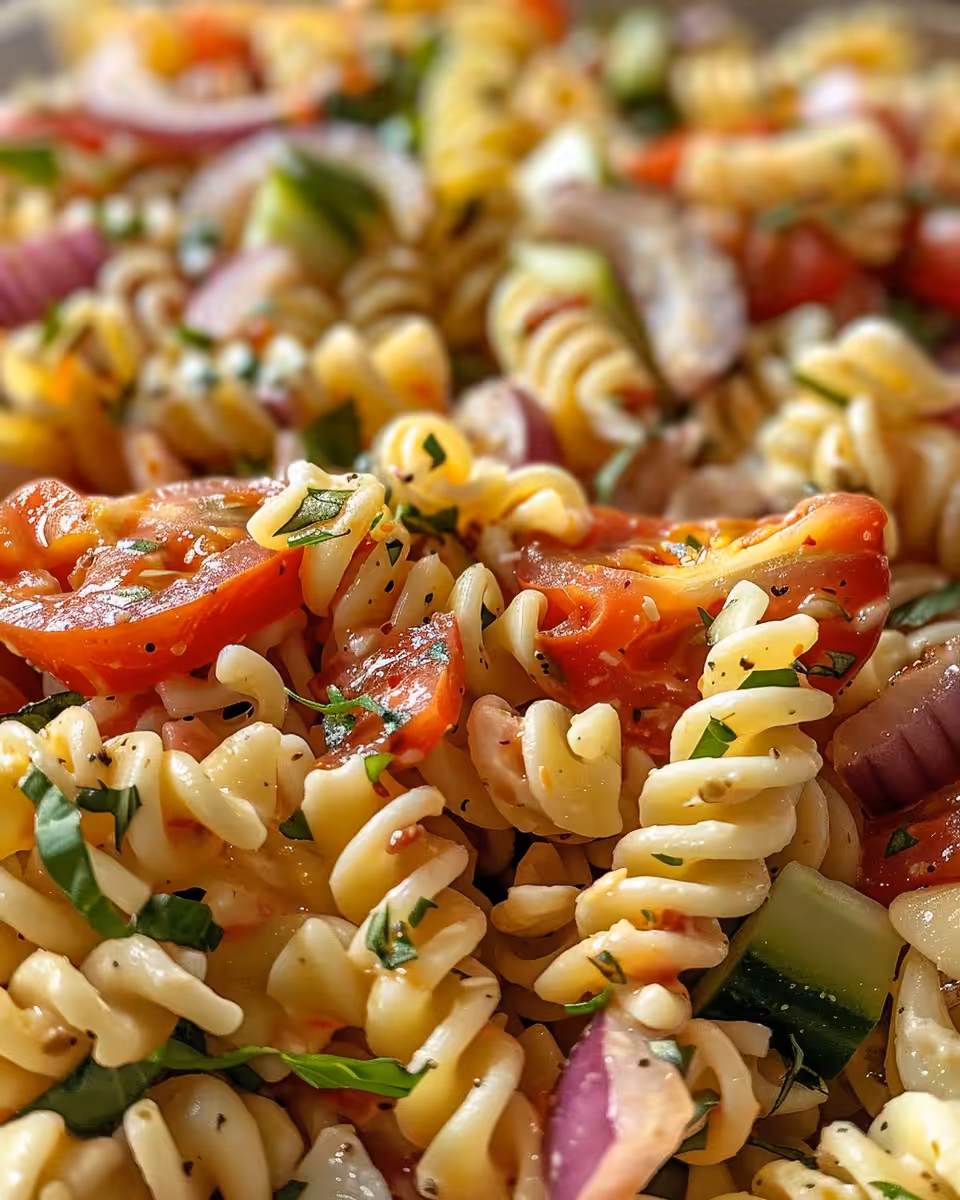 Mixing ranch pasta salad ingredients in a bowl