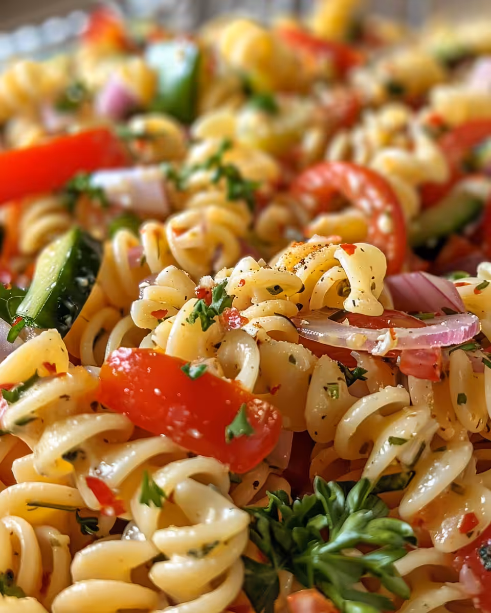 Delicious ranch pasta salad fresh out of the bowl