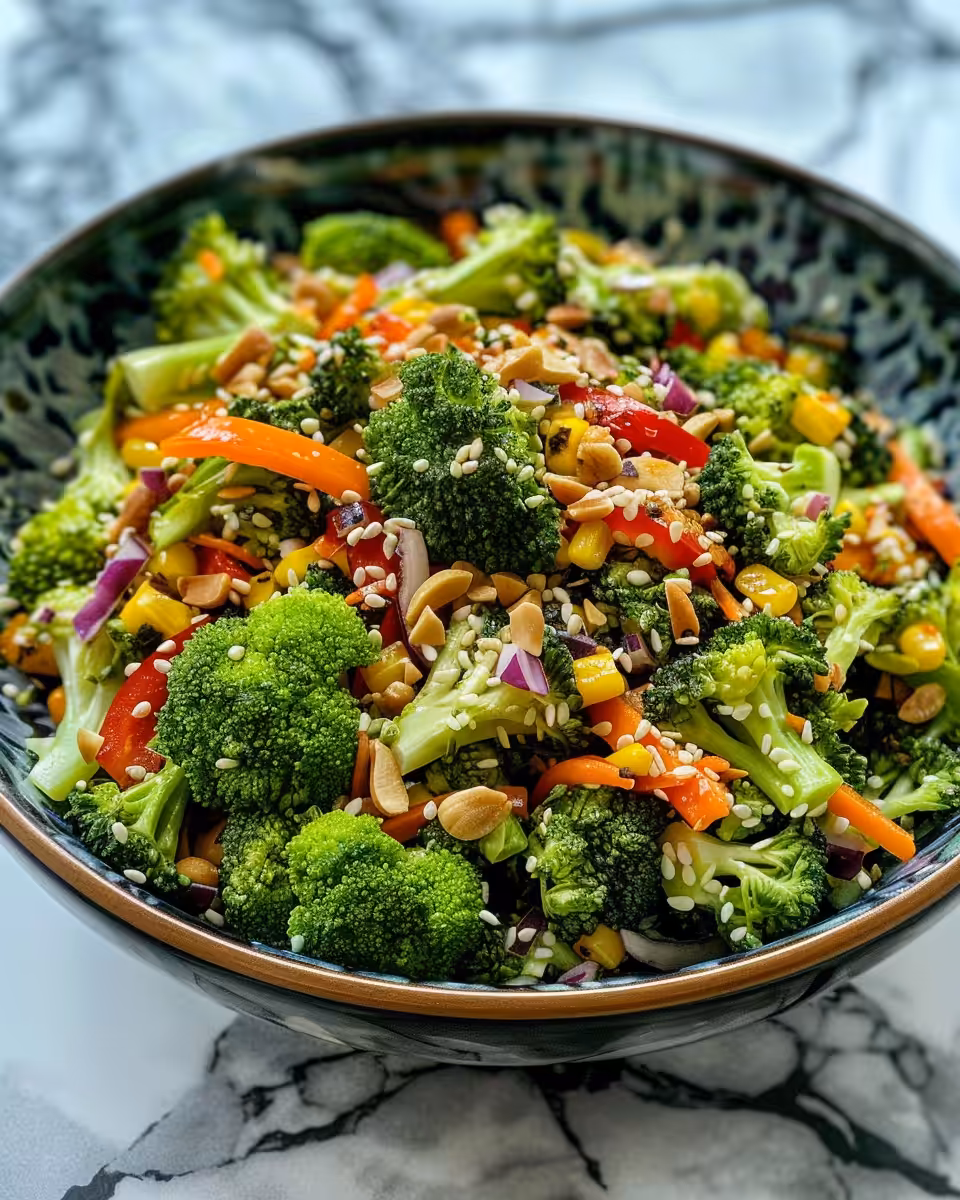 Assorted fresh ingredients for broccoli salad including broccoli, tomatoes, raisins, and seeds