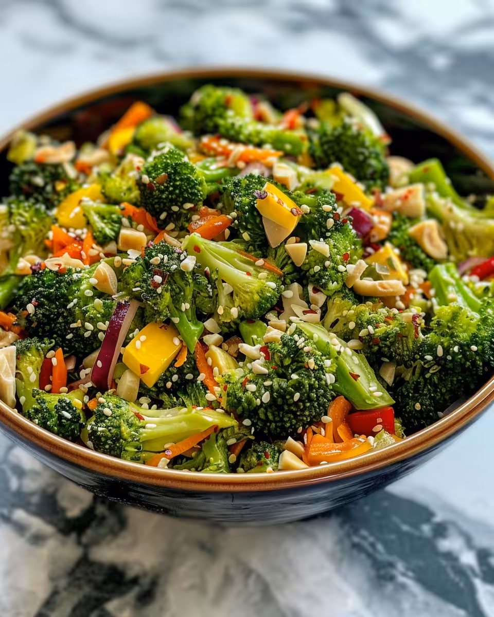 Delicious finished broccoli salad served with vibrant colors and texture