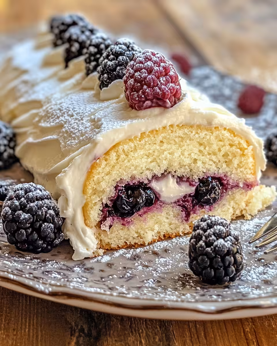 Ingredients for lemon curd cake roll including eggs, sugar, lemon curd, and blackberries