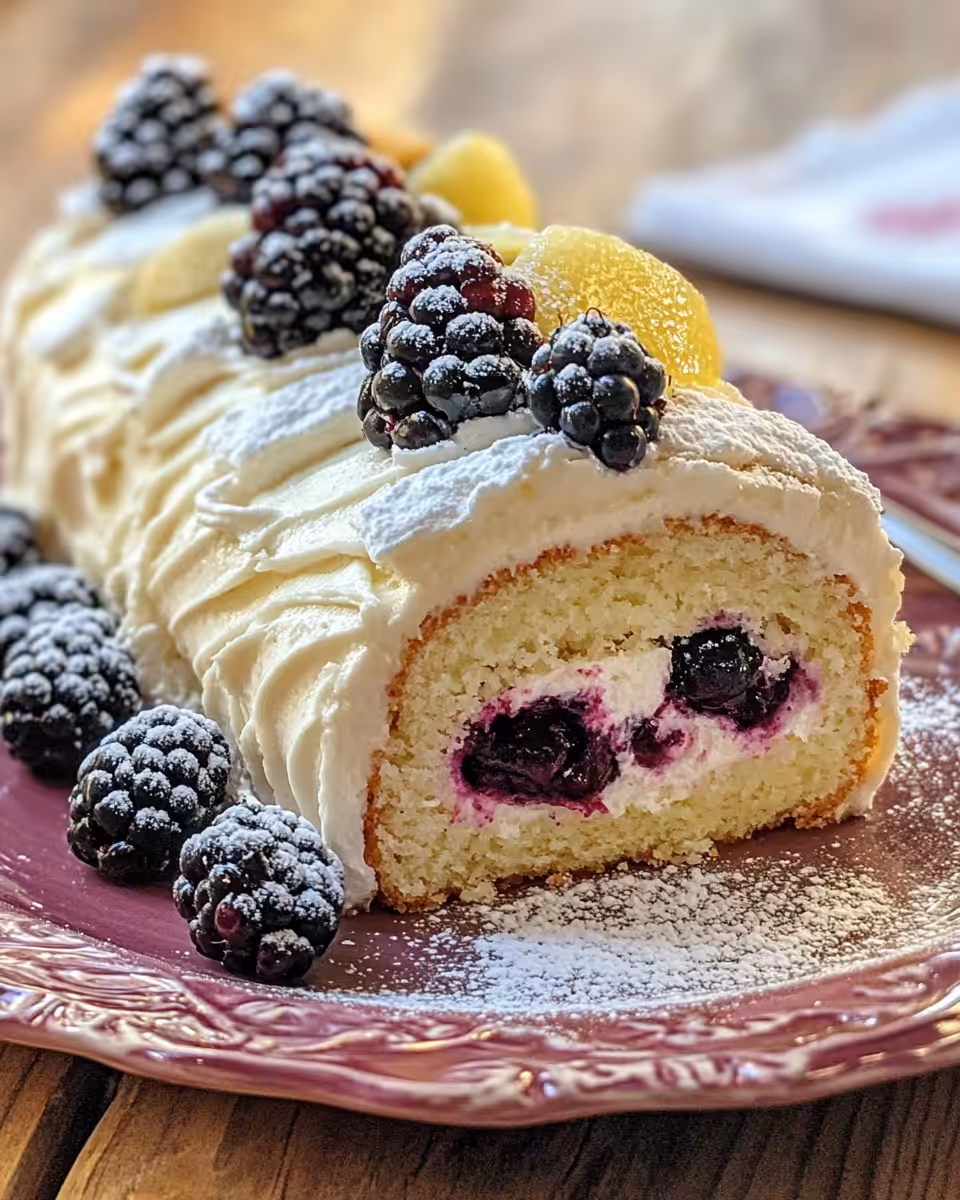 Finished lemon curd cake roll topped with blackberries and powdered sugar ready to serve