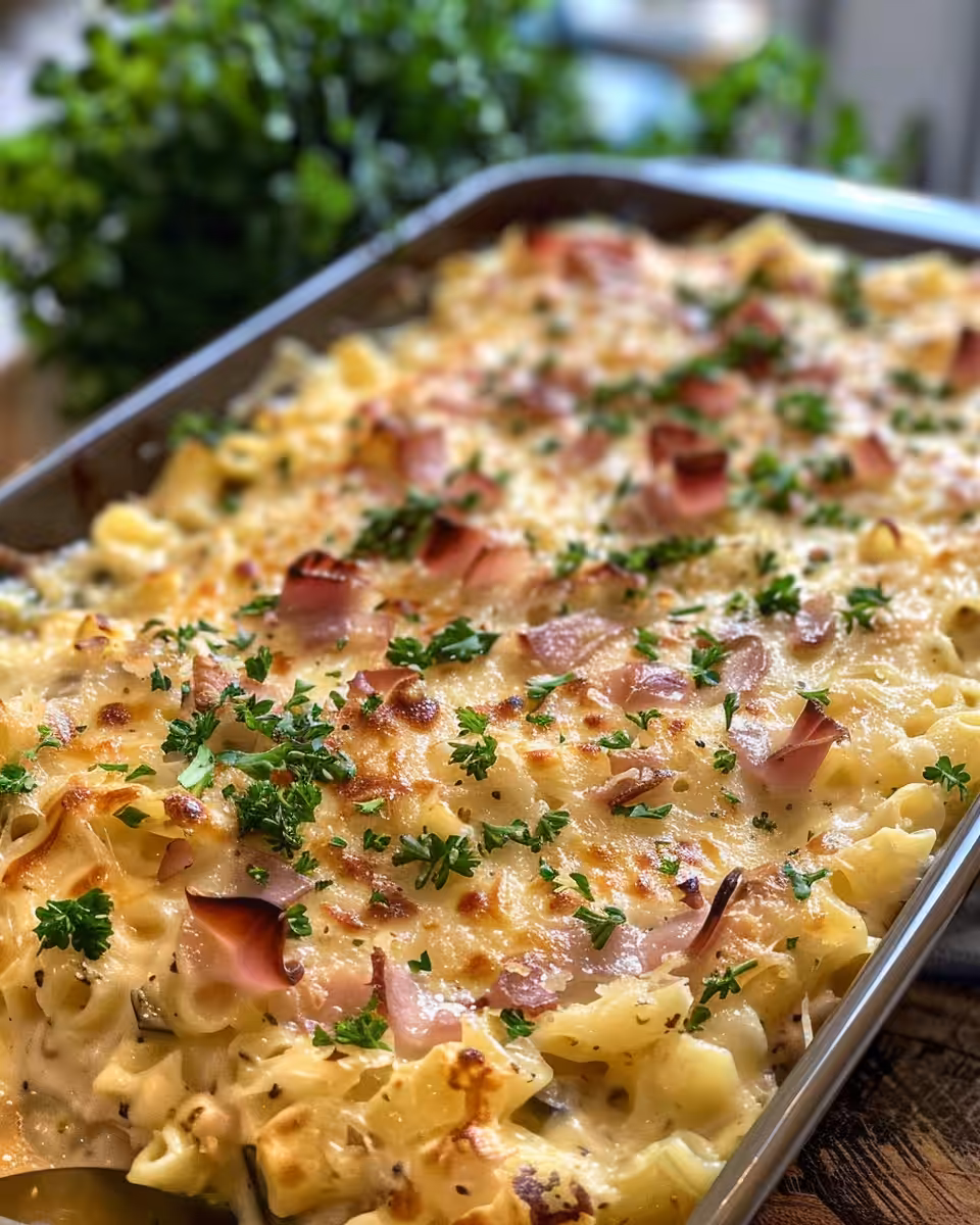 Close-up of final Reuben casserole with golden bubbly cheese crust