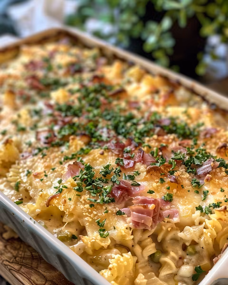 Steaming Reuben casserole fresh from the oven with melted cheese and sauerkraut