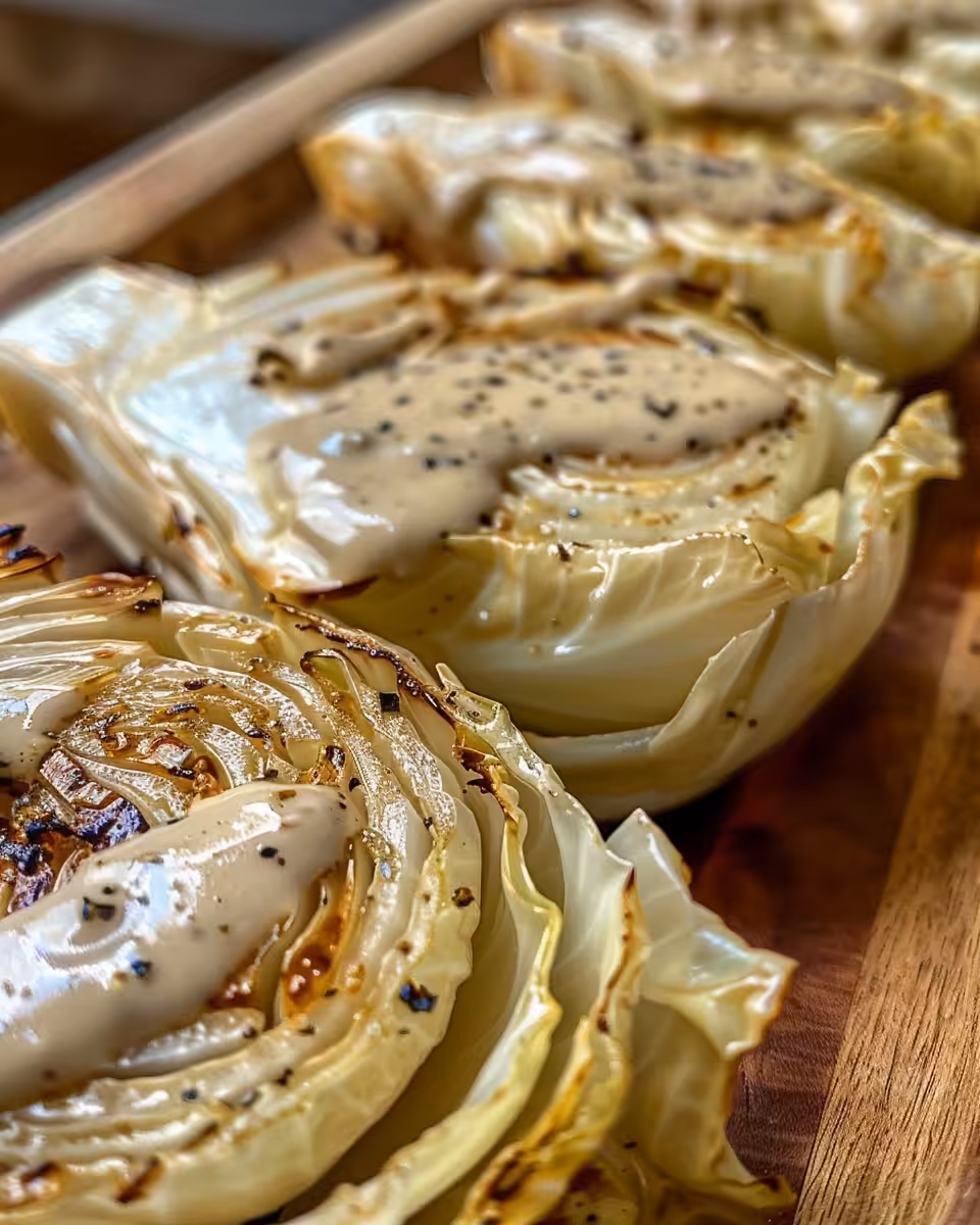 Final plated roasted cabbage wedges with Dijon onion sauce and parsley garnish