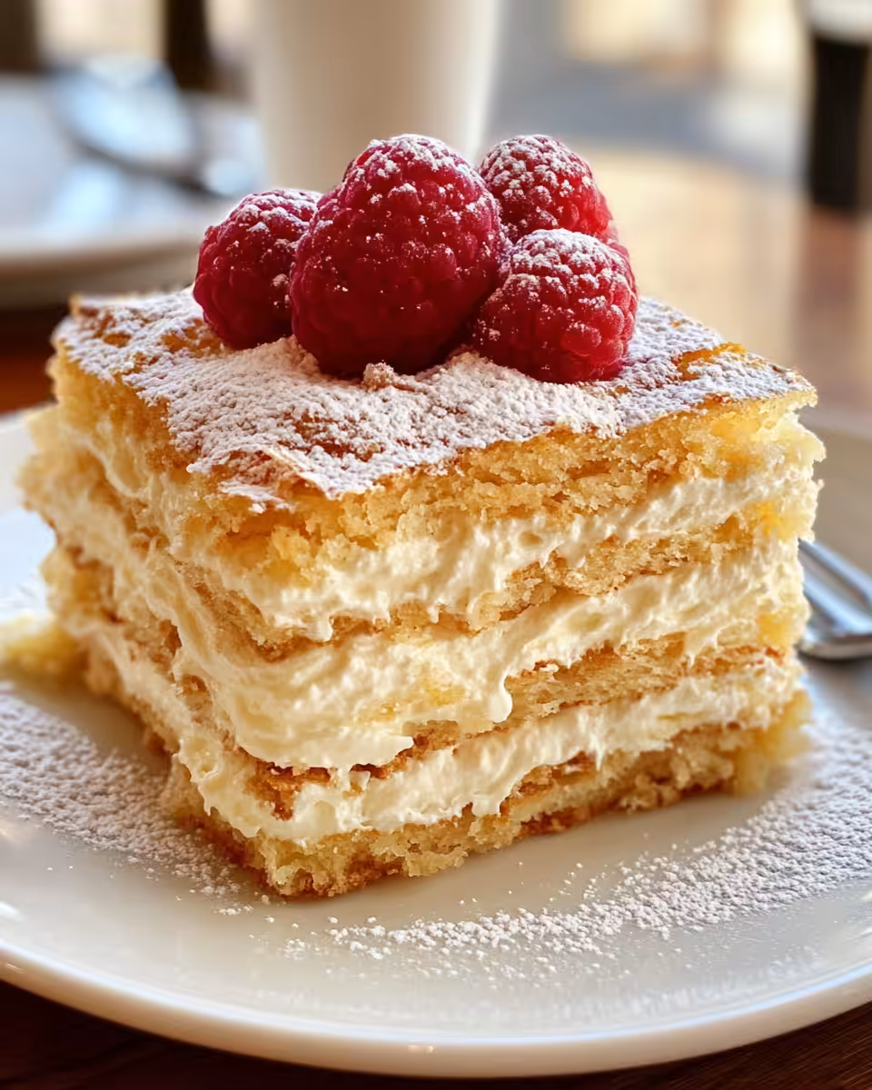 Close-up of finished Russian Napoleon Cake showing flaky layers and creamy filling