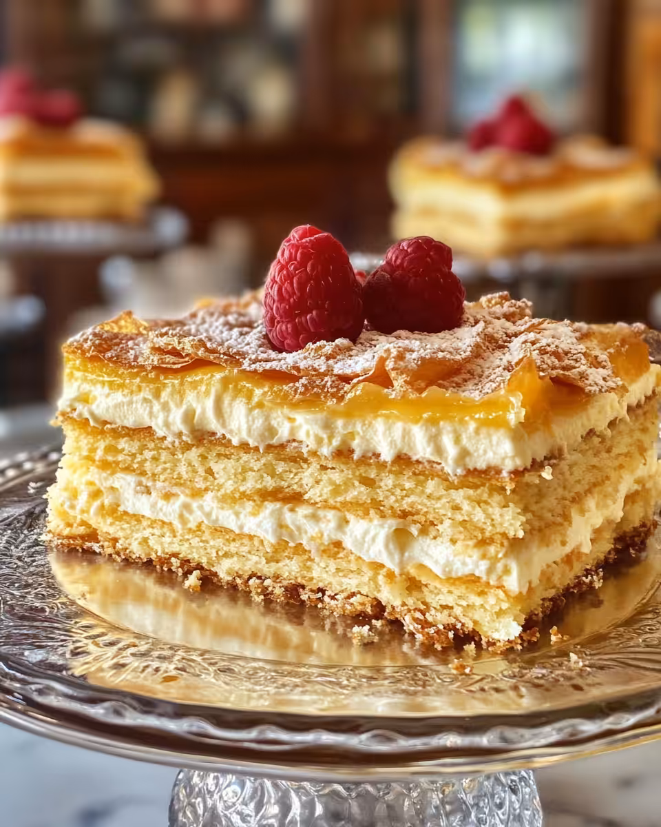 Close up of Russian Napoleon cake with flaky layers and creamy custard
