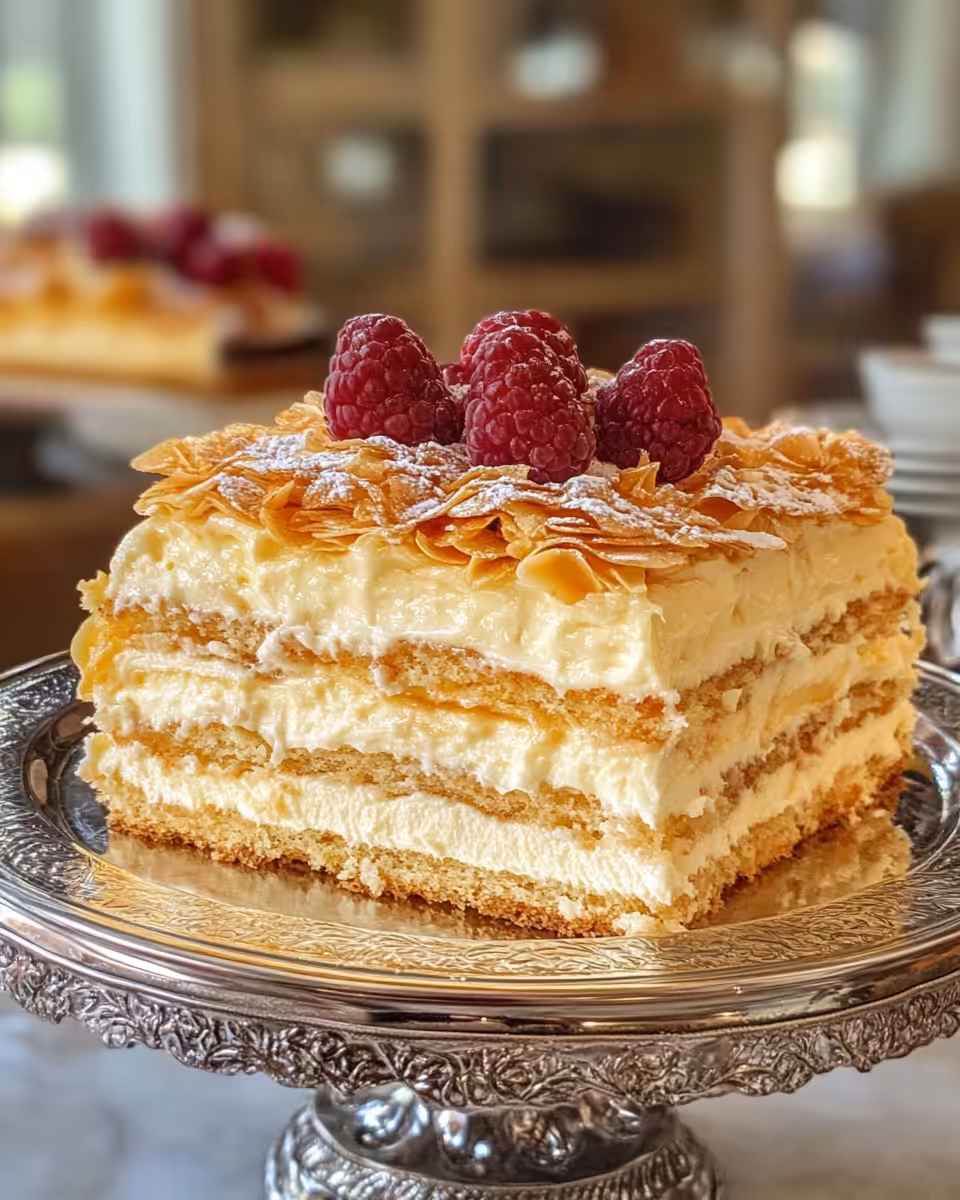 Ingredients laid out for Russian Napoleon cake including flour, butter, eggs, and milk