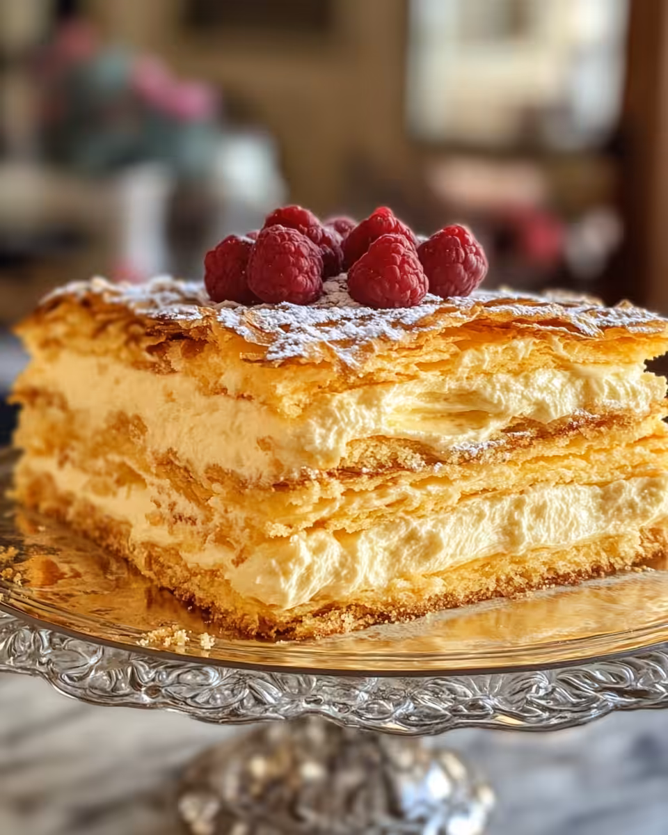 A slice of Russian Napoleon cake showing flaky crust and creamy custard