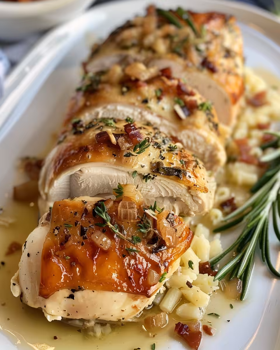 Plated cheesy stuffed chicken with paprika and herbs