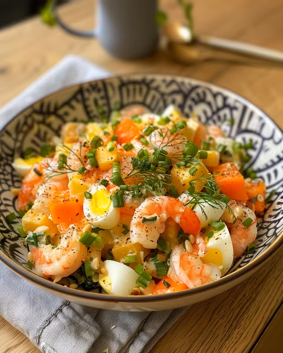 Ingredients for surimi pasta salad including pasta, eggs, tomatoes, and olives