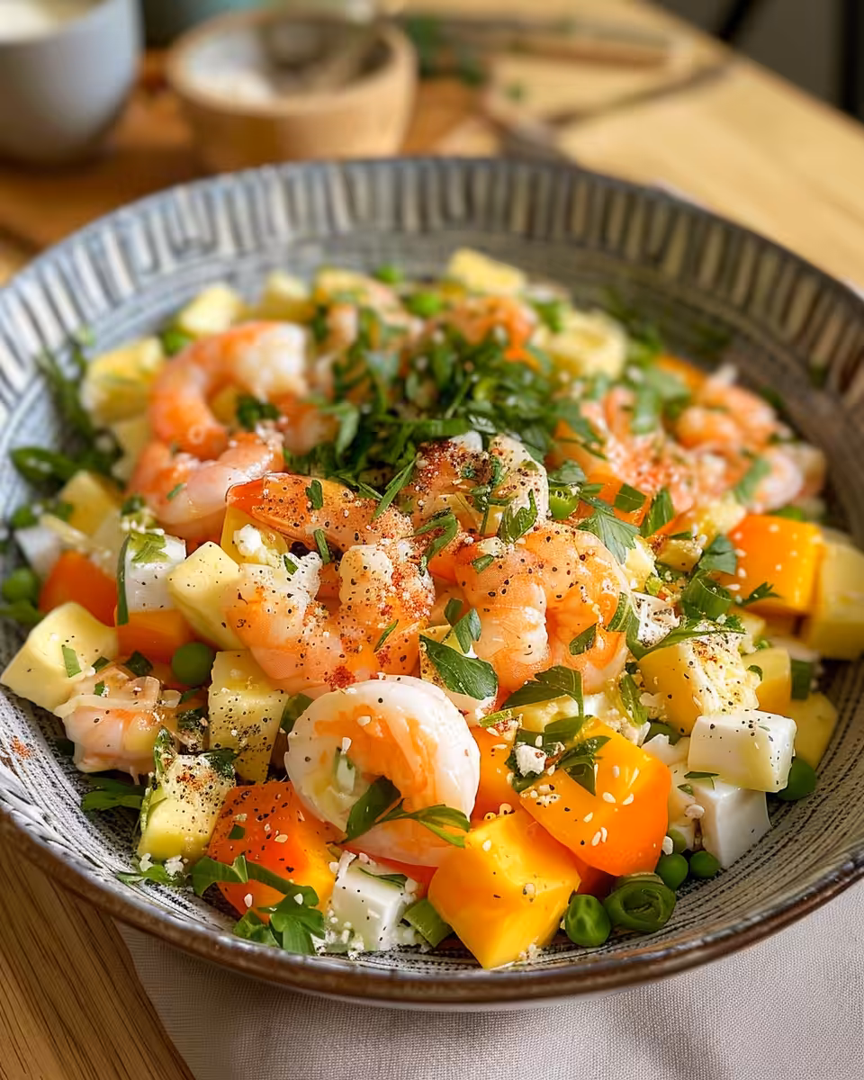 Mixed surimi pasta salad ready to be served