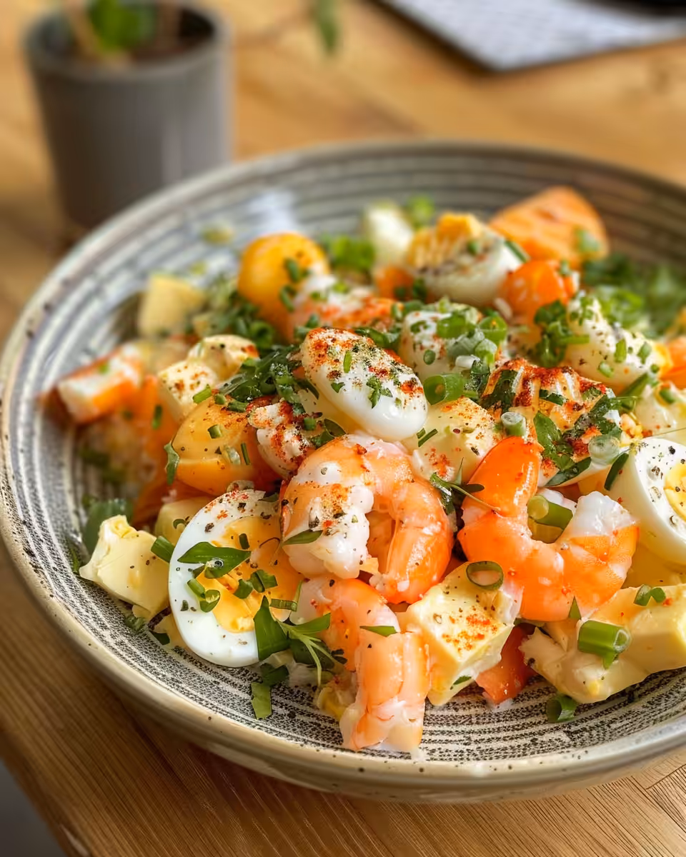 Fresh out of pressure cooker citrus surimi pasta salad with eggs and olives