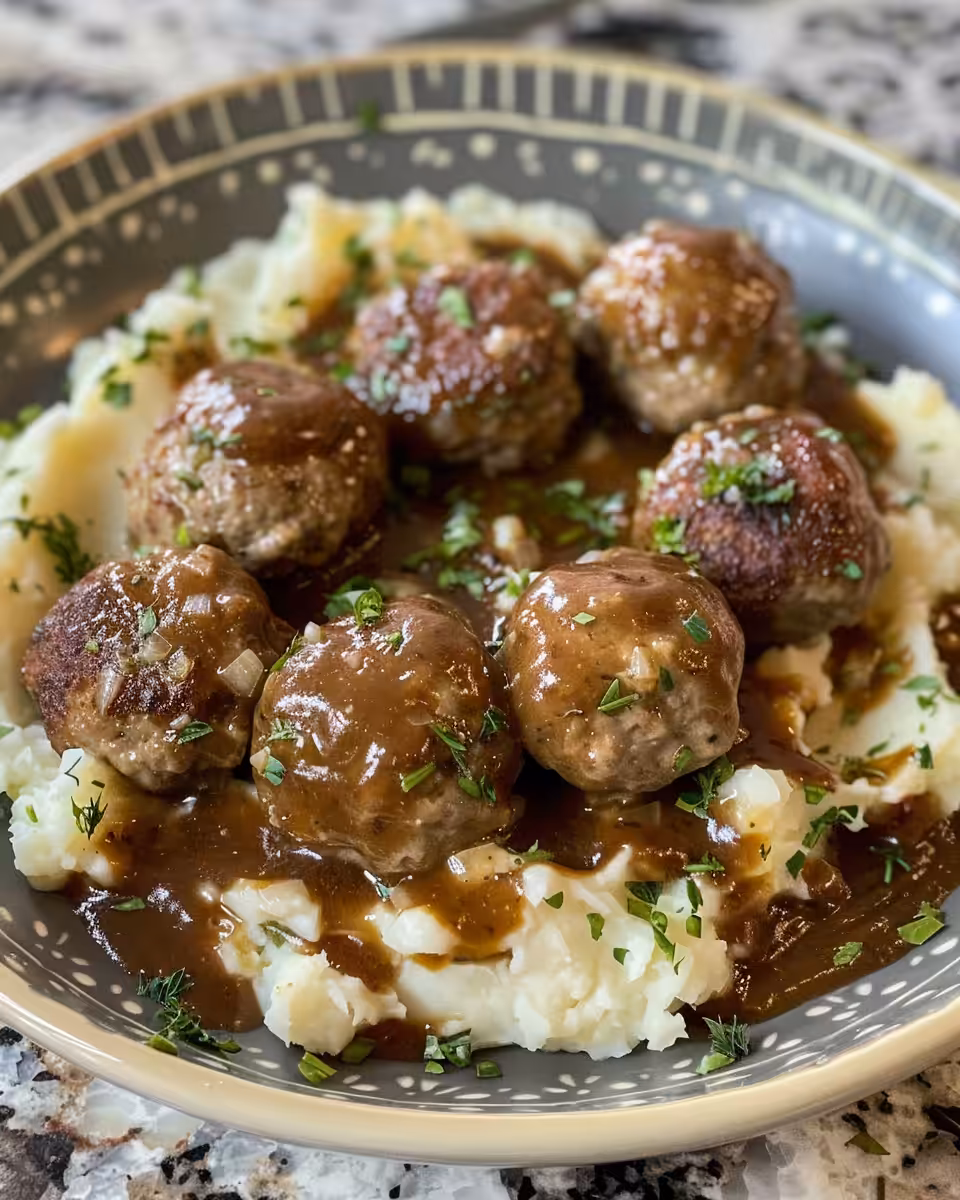 Pressure cooker releasing steam over Salisbury steak meatballs and mashed potatoes