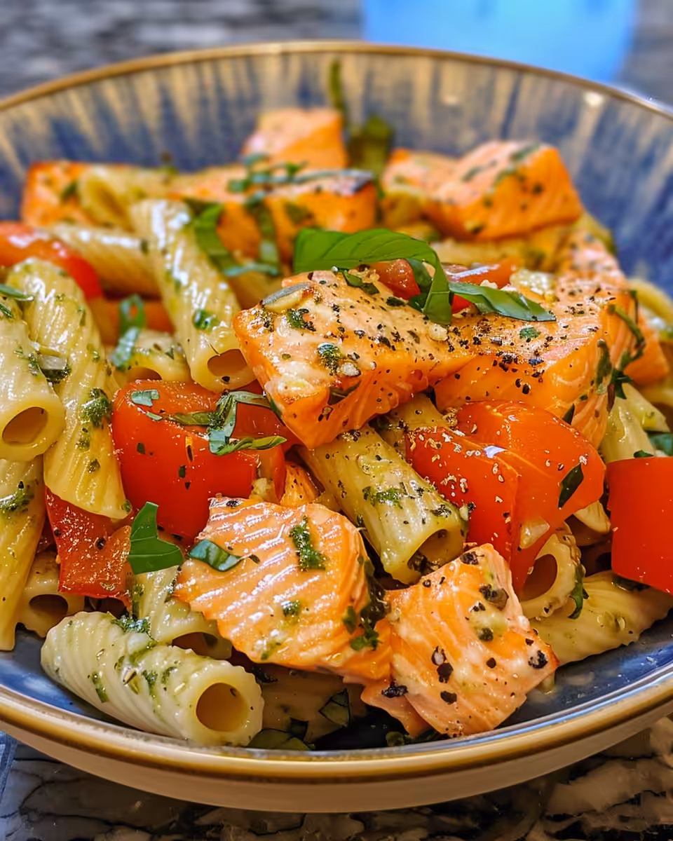Ingredients for salmon pasta salad with penne, salmon, cherry tomatoes, and pesto