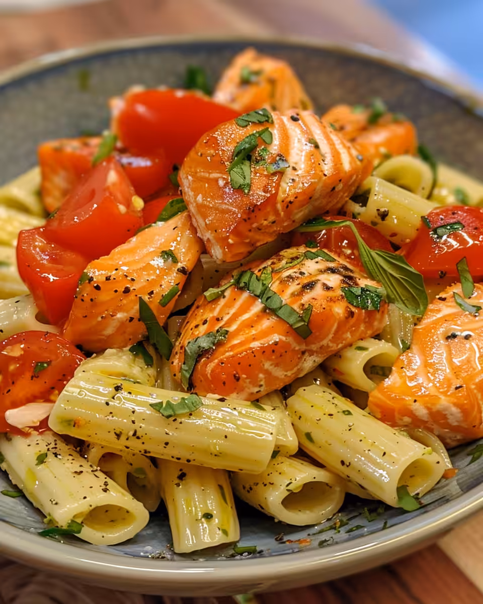 Freshly tossed salmon pasta salad with pesto and lemon juice in a bowl